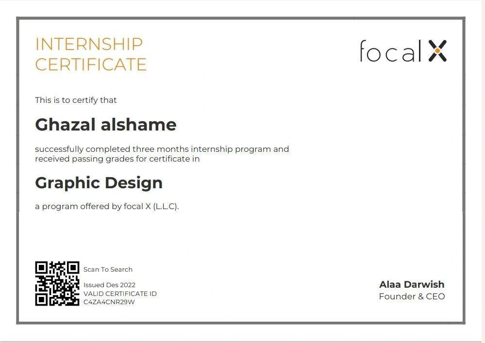 Focal X internship certificate for Graphic Design